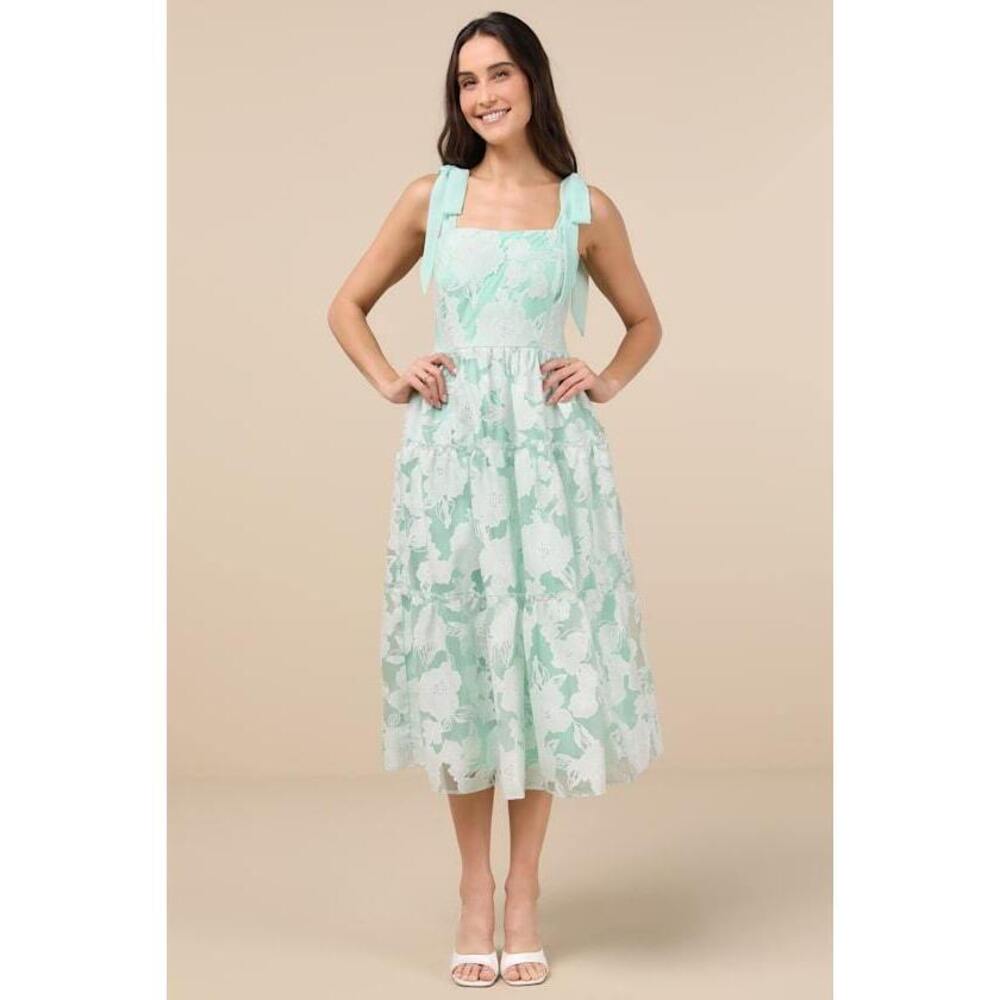 Lulus Proof Of Perfection Mint Green Floral Tiered Tie-strap Midi Dres - Size M